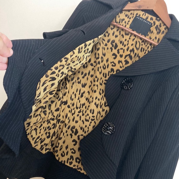 Ross Mayer Skirt Suit Womens 4 Black Pinstripe Blazer Pencil Skirt Ruffle - Picture 5 of 16